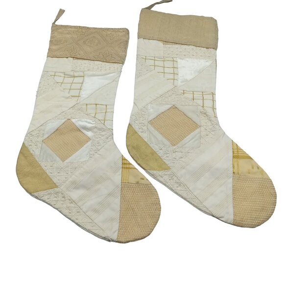 Handmade Christmas Stockings Patchwork Silk & Cotton 2-Pack Beige, Gold & Cream - Picture 2 of 7